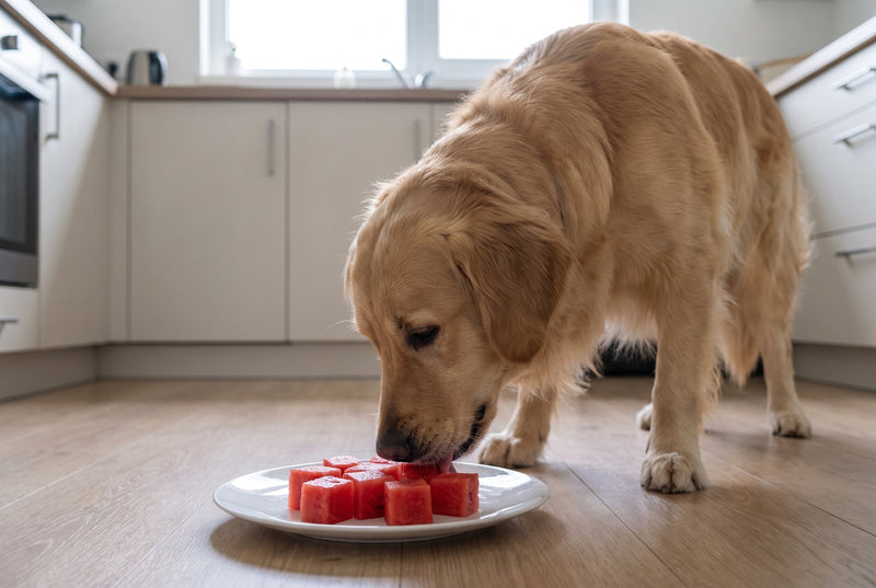 Hund frisst entkernte Wassermelonenwürfel von einem Teller in einer hellen Küche